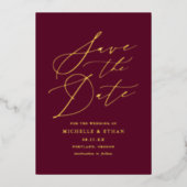 Bourgogne en goudkalligrafie Foto Save the Date Folie Uitnodiging (Voorkant)