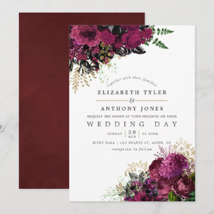 Bourgogne en goudshabby Floral Wedding Kaart