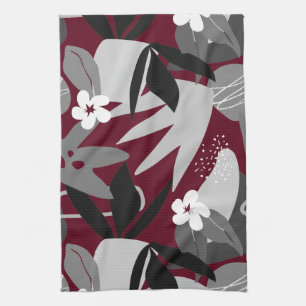 Bourgogne en grijs modern Tropisch Leaf Pattern Theedoek