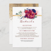 Bourgogne en marine blauwe bruiloft informatie informatiekaartje (Voorkant / Achterkant)