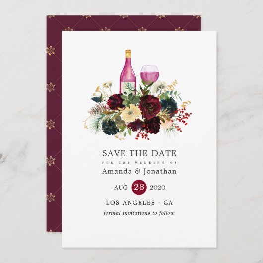 Bourgogne en marinewijn - kerstbruiloft save the date (Voorkant / Achterkant)