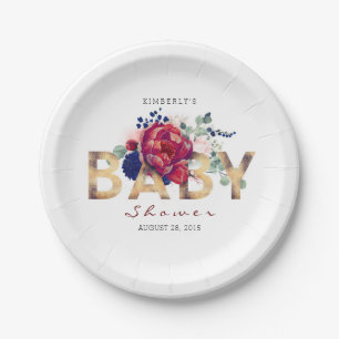 Bourgogne en Navy Bloemen Typografie Baby shower Papieren Bordje