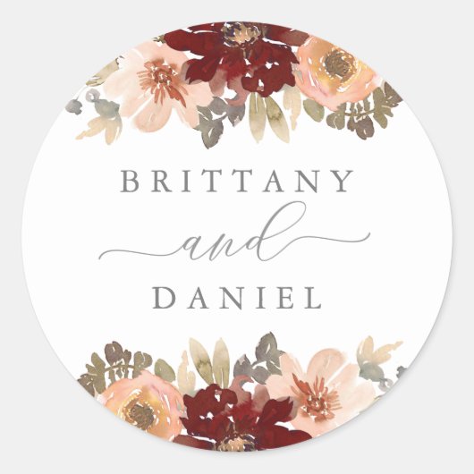 Bourgogne en peach Floral Wedding Ronde Sticker (Voorkant)