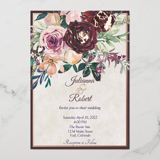 Bourgogne en roze bruine bruidsschat bruiloft folie uitnodiging (Voorkant)