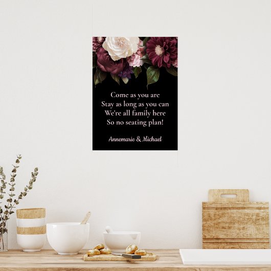 Bourgogne en roze Floral no Seating Plan Weddensch Poster (Keuken)