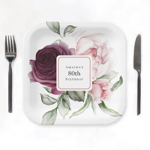 Bourgogne en Roze Waterverf Rozen 80e Verjaardag Papieren Bordje