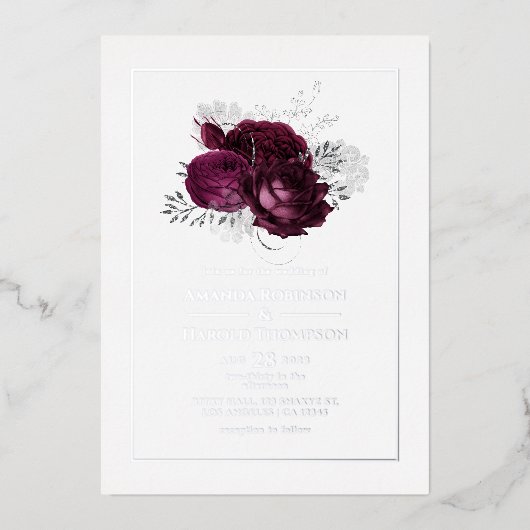 Bourgogne en Silver Floral Wedding Folie Uitnodiging (Voorkant)