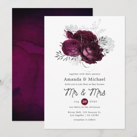 Bourgogne en Silver Floral Wedding Kaart (Voorkant / Achterkant)