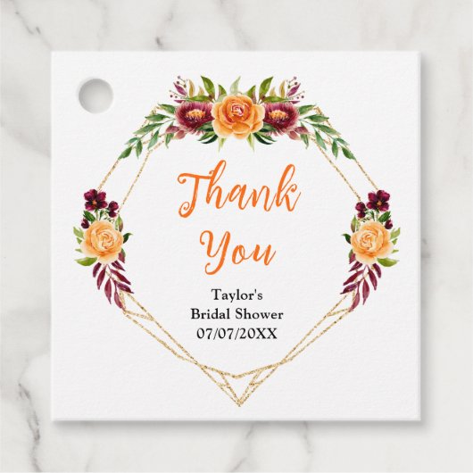 Bourgogne en Sinaasappel Bloemen Vrijgezellenfeest Bedankjes Labels (Voorkant)