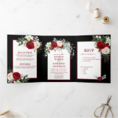 Bourgogne en witte rozen op zwarte achtergrond drieluik uitnodiging (Binnen)