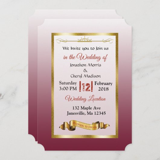 Bourgogne et Gold Gradient Mariage Invitations (Devant / Derrière)