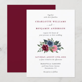 Bourgogne et marine Blue Floral Wedding Invitation