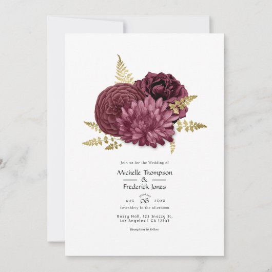 Bourgogne et or Floral Mariage QR Code Invitation (Devant)