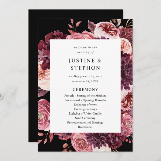 Bourgogne et rose vierge 8B Programme de cérémonie (Devant / Derrière)