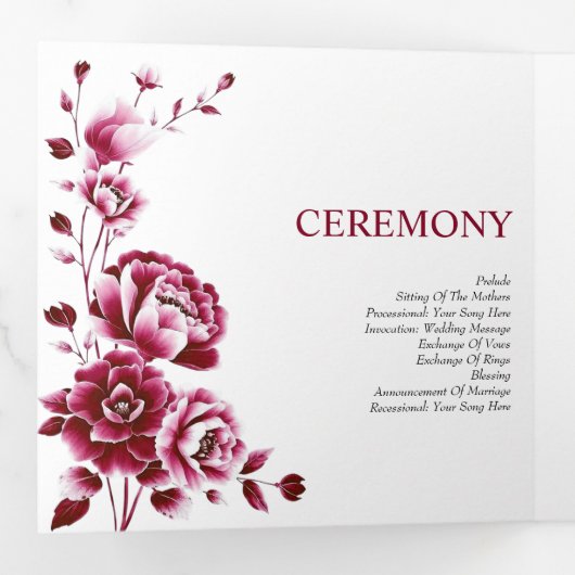 Bourgogne fleurie Chinoiserie programme de mariage (Intérieur en premier)