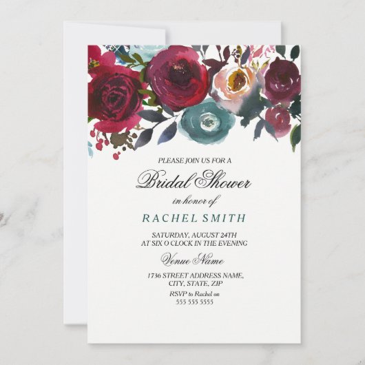 Bourgogne Fleurs rouges Invitation de douche nupti (Devant)