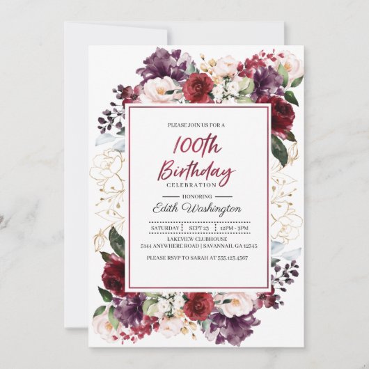 Bourgogne Floral 100e anniversaire Invitation (Devant)