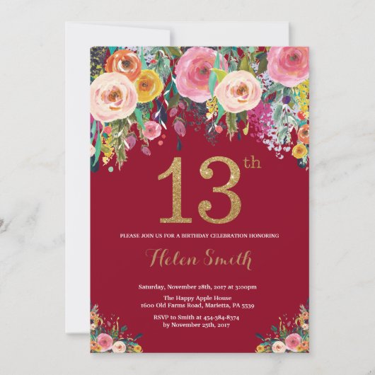 Bourgogne Floral 13e Anniversaire Invitation Or (Devant)