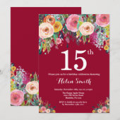 Bourgogne Floral 15e anniversaire Invitation (Devant / Derrière)