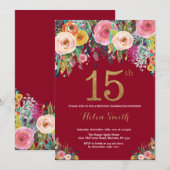 Bourgogne Floral 15e anniversaire Invitation Gold (Devant / Derrière)