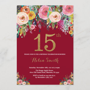Bourgogne Floral 15e anniversaire Invitation Gold