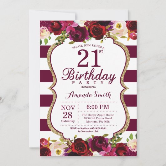 Bourgogne Floral 21e anniversaire Invitation (Devant)
