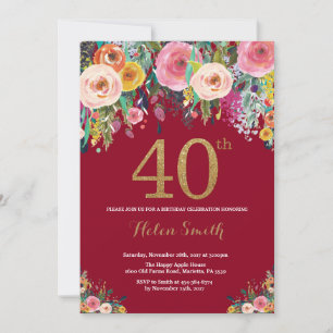 Bourgogne Floral 40e Anniversaire Invitation Or