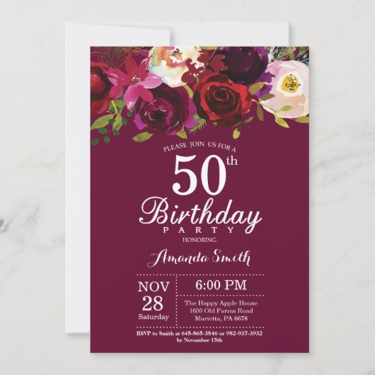 Bourgogne Floral 50e Anniversaire Invitation (Devant)