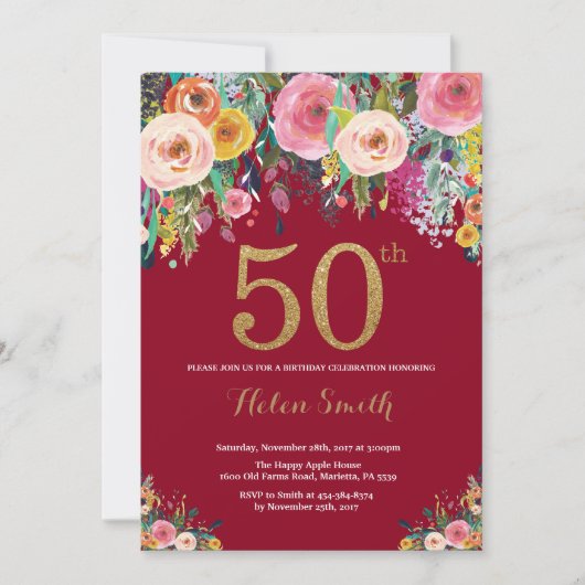 Bourgogne Floral 50e Anniversaire Invitation Or (Devant)