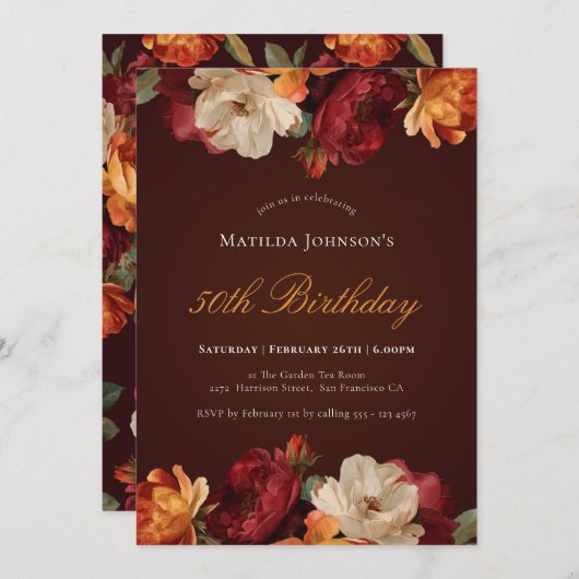 Bourgogne Floral 50e verjaardag Kaart (Voorkant / Achterkant)