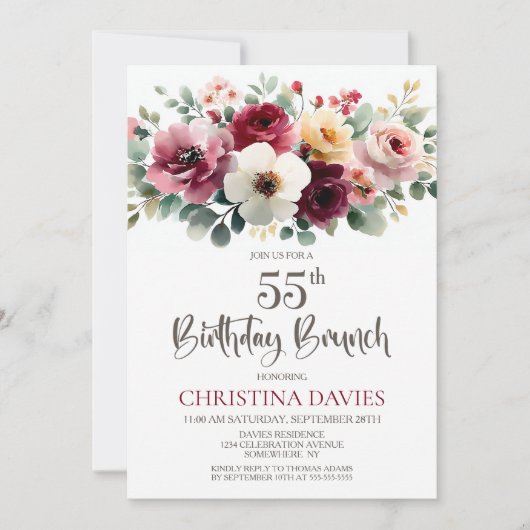 Bourgogne Floral 55e Verjaardag Brunch Kaart (Voorkant)