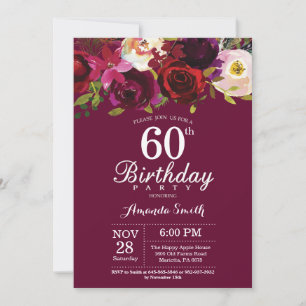 Bourgogne Floral 60e Anniversaire Fête Invitation