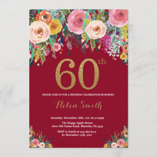 Bourgogne Floral 60e Anniversaire Invitation Or