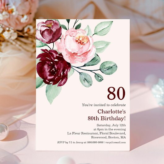 Bourgogne Floral 80e anniversaire Invitation