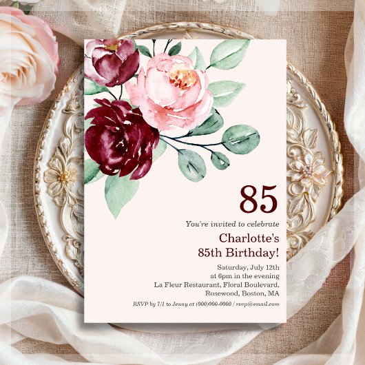 Bourgogne Floral 85e anniversaire Invitation