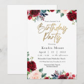 Bourgogne Floral Anniversaire Fête Invitation (Devant / Derrière)