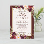 Bourgogne floral Baby shower étincelant Invitation (Debout devant)