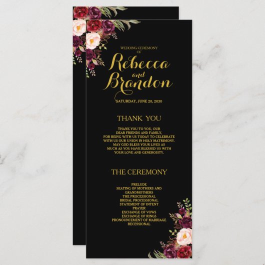 Bourgogne Floral Black Gold Programme de mariage p (Devant / Derrière)