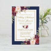 Bourgogne Floral Blue Gold Mariage Invitation (Debout devant)
