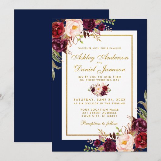 Bourgogne Floral Blue Gold Mariage Invitation (Devant / Derrière)