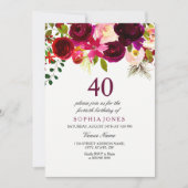 Bourgogne Floral Boho 40e anniversaire Invitation  (Devant)