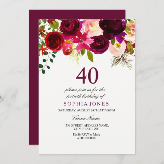 Bourgogne Floral Boho 40e anniversaire Invitation  (Devant / Derrière)