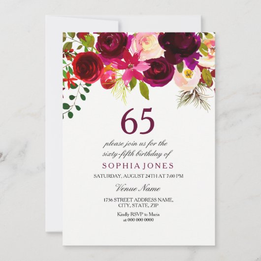 Bourgogne Floral Boho 65e anniversaire Invitation  (Devant)