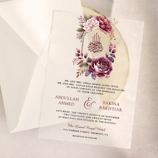 Bourgogne Floral Crest Muslim Wedding Vellum Uitnodigingen