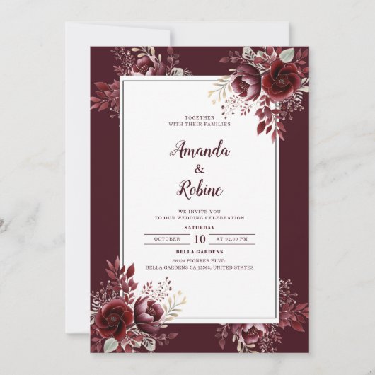 Bourgogne Floral Élégant Mariage Invitation (Devant)