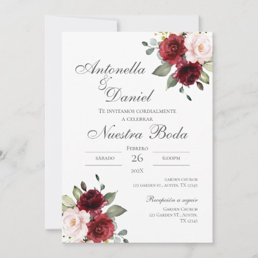 Bourgogne Floral Faire-part de mariage en espagnol (Devant)