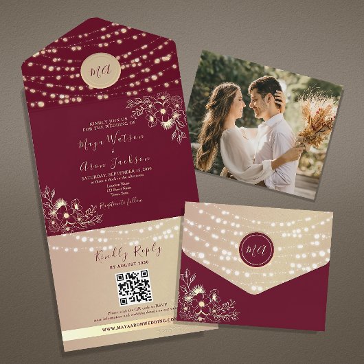 Bourgogne Floral Fall Wedding All In One Uitnodiging