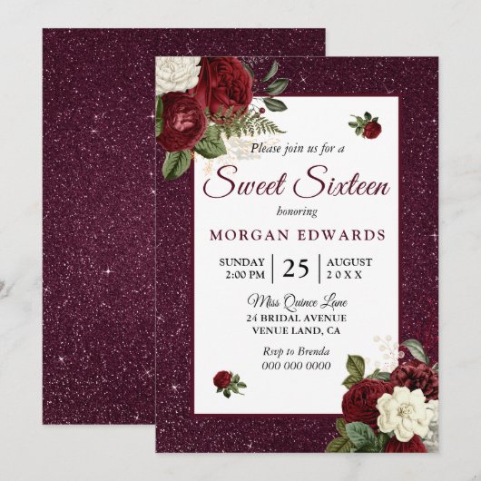 Bourgogne Floral Faux Metallic Sweet 16 Invitation (Devant / Derrière)