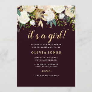 Bourgogne Floral Glitter Sparkling Girl Baby showe Kaart
