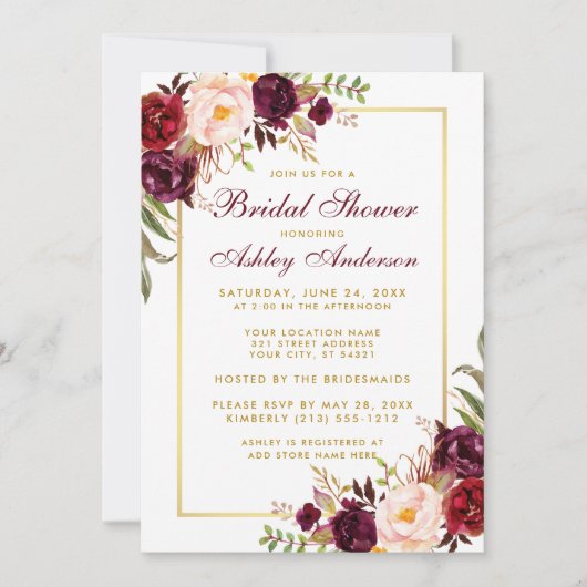 Bourgogne Floral Gold Bridal Show Invitation (Devant)